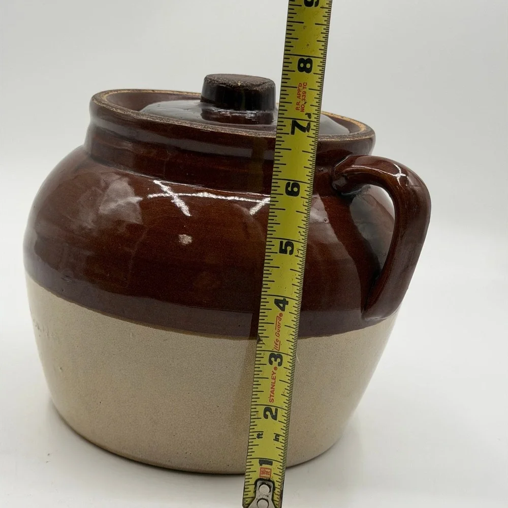 Vintage Robinson Ransbottom Blue Crown 3 Two Tone Stoneware Bean Pot with Lid